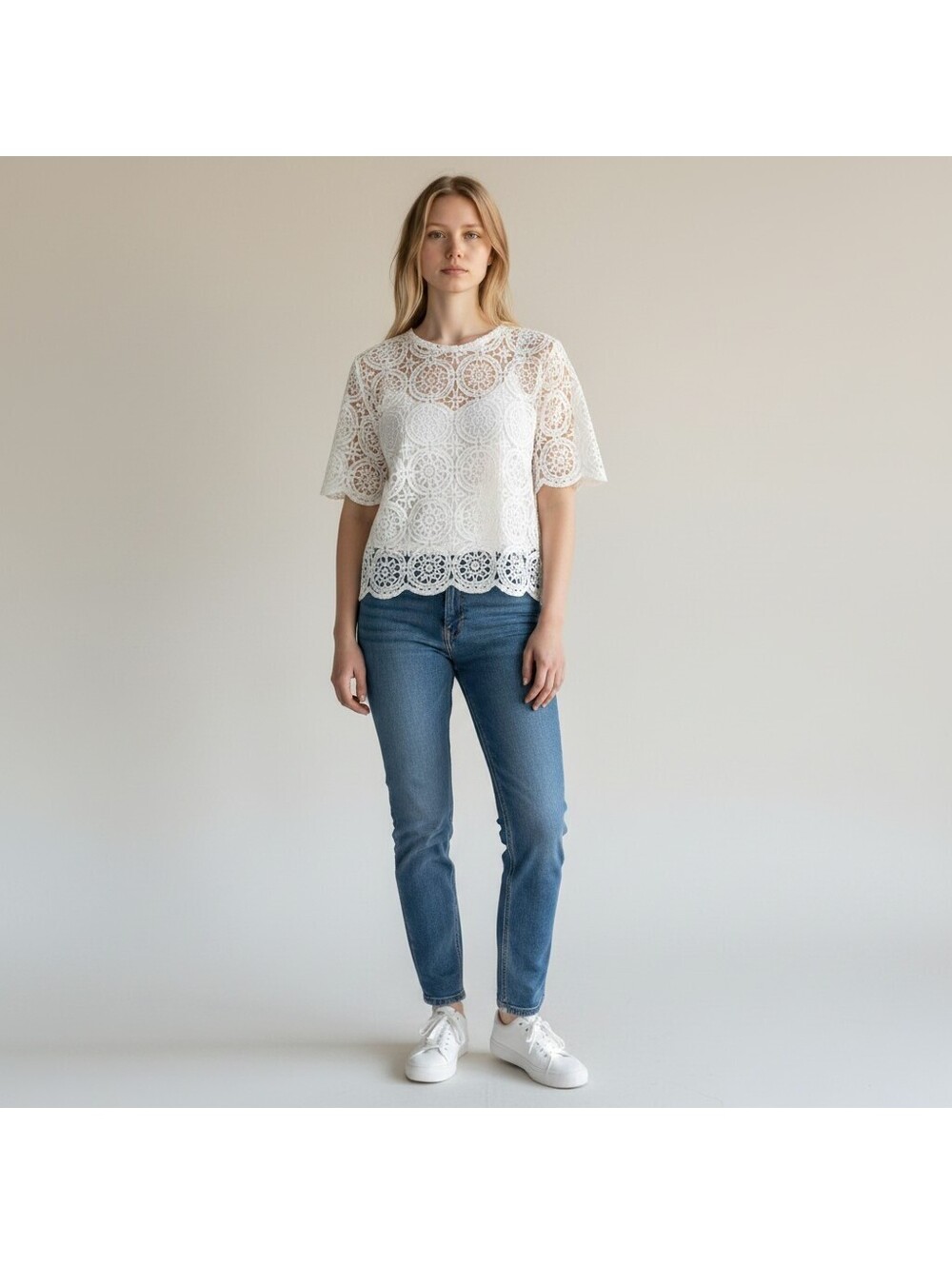 Liz Claiborne Top Women L Large White Crochet Short Sleeve Lined Casual Pullover